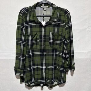 By Design‎ Women's Button Up Shirt Plaid Preppy Long Sleeve Pockets Green XL NWT